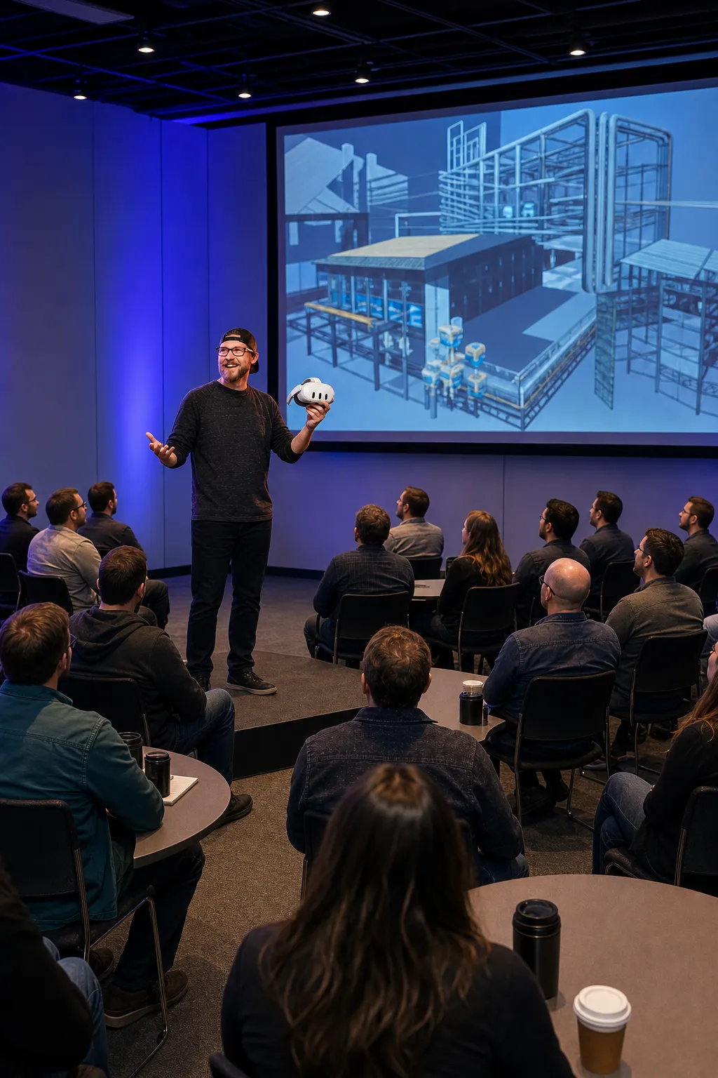Brad presenting a digital twin and Quest headset during an XR workshop