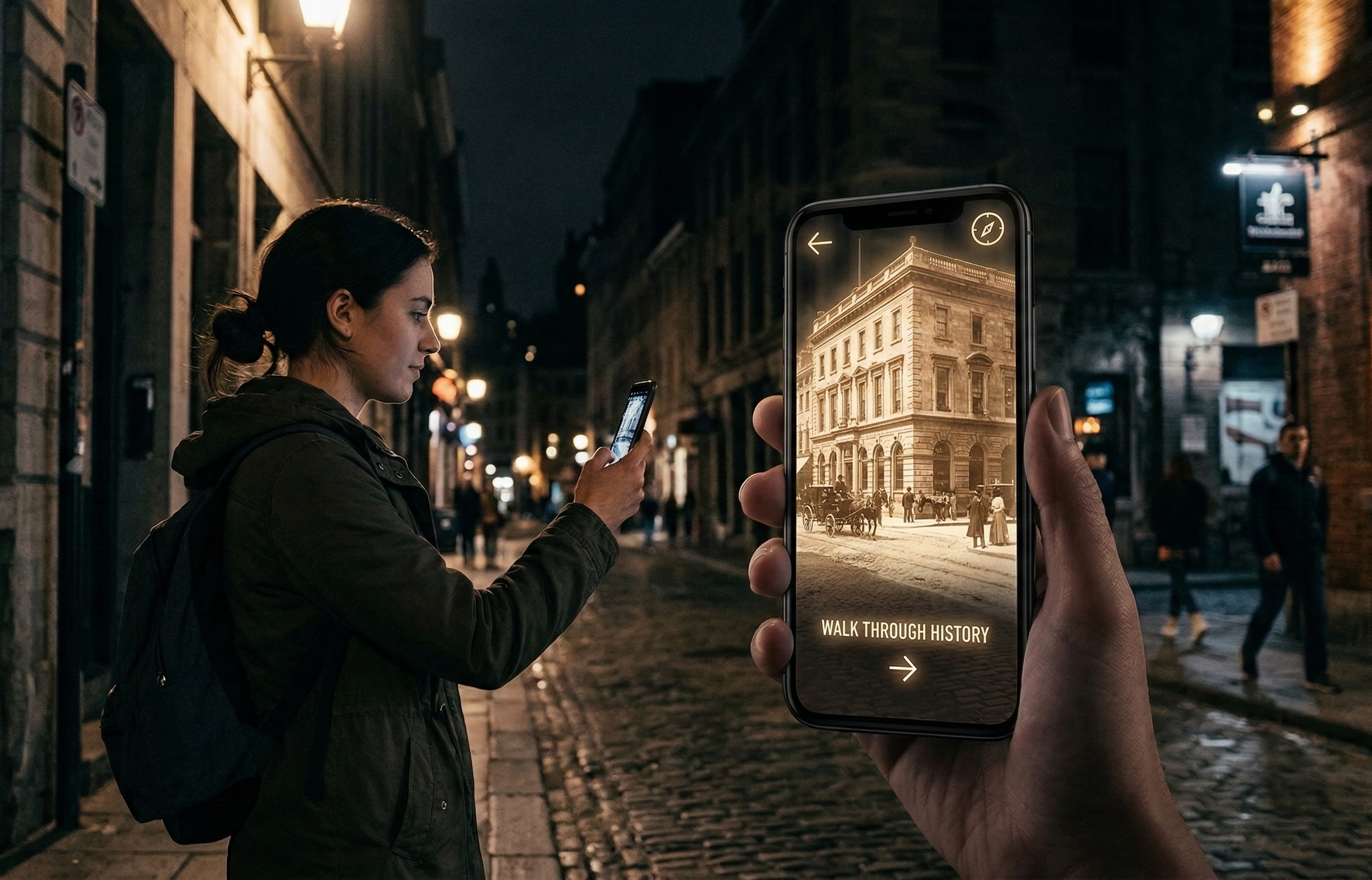 Historical tour concept showing an augmented reality overlay of a location as it looked in the past