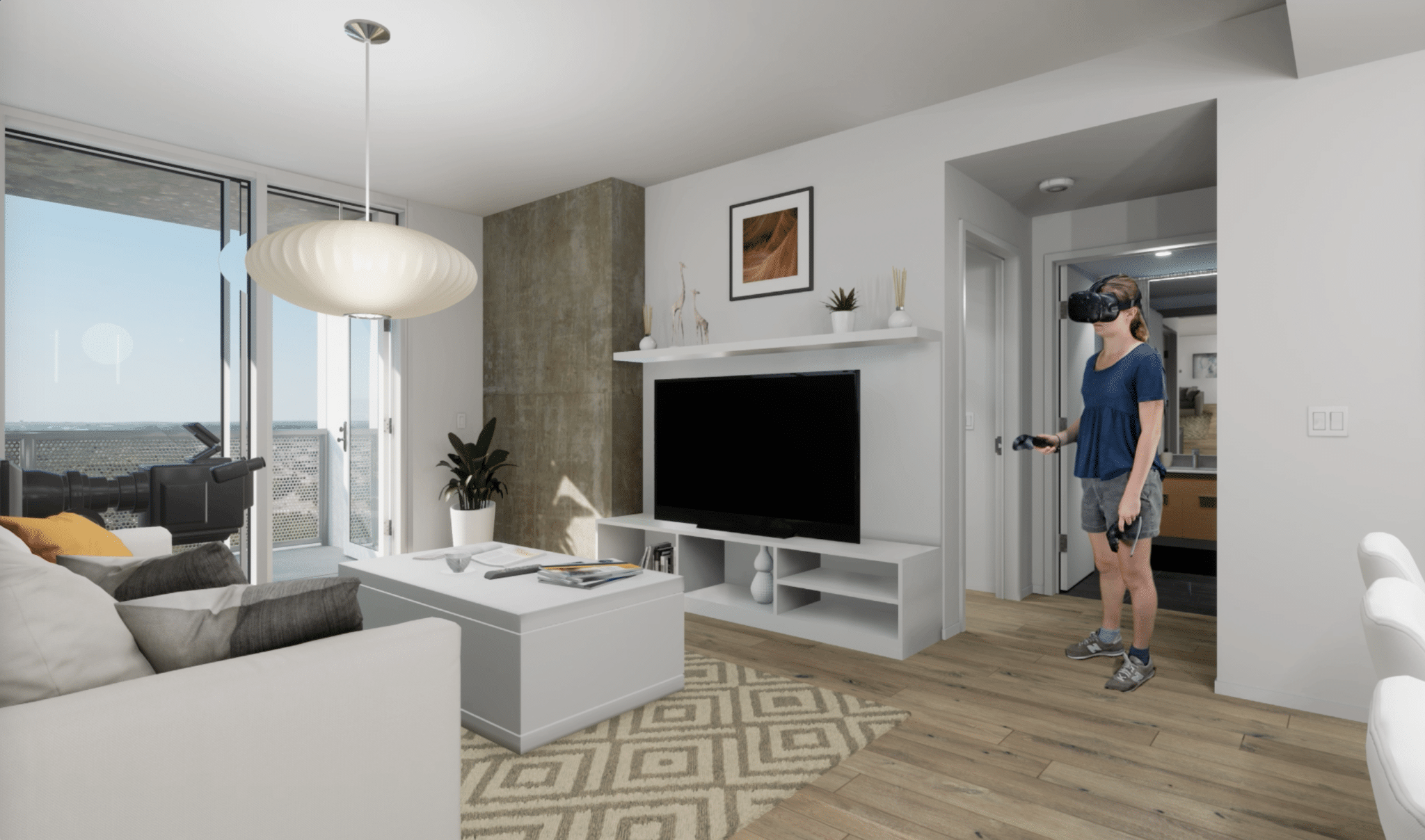 A person using VR to explore a virtual condo interior