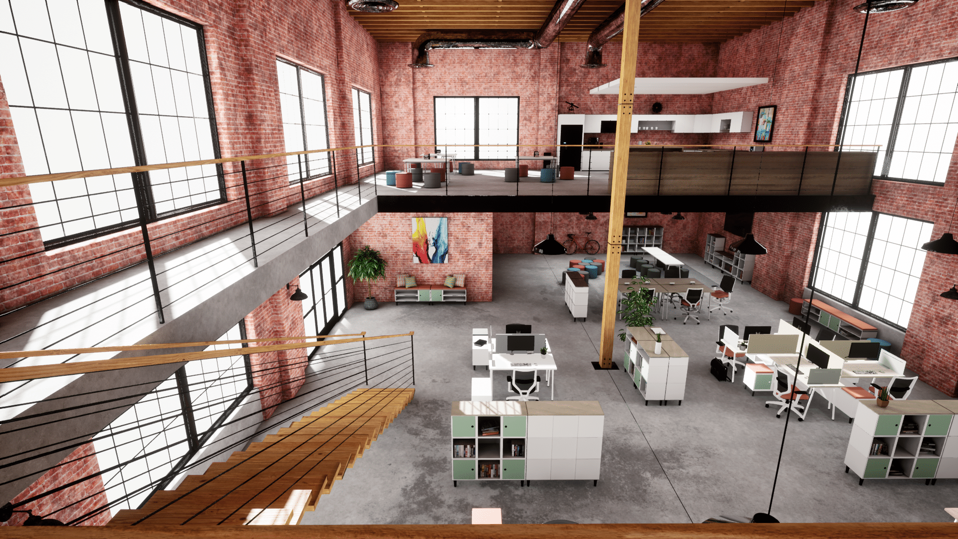 Office space and furniture visualized in a 3D design application