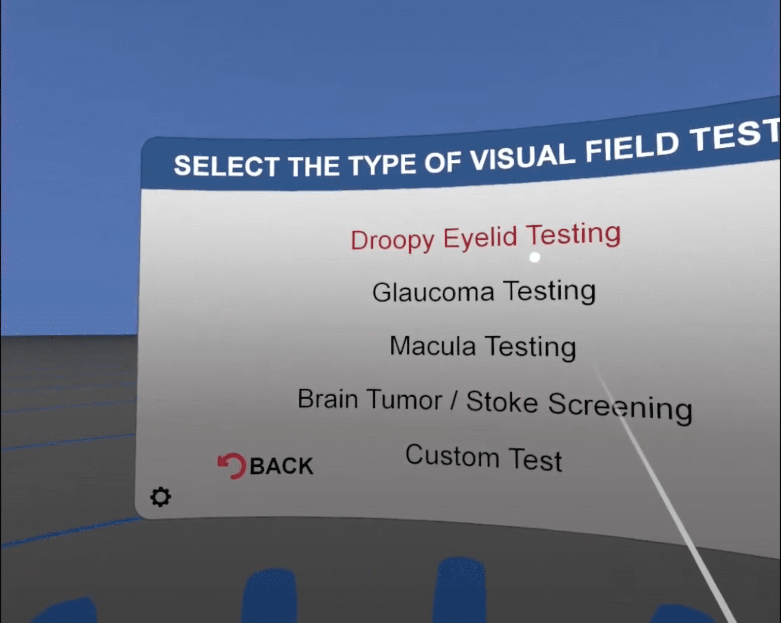 VR eye test application interface