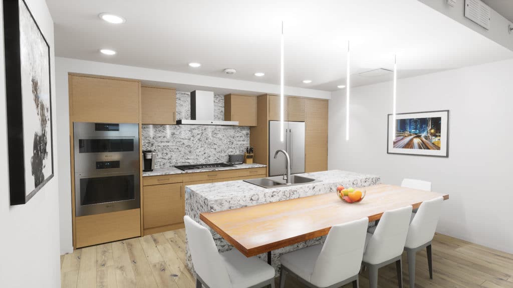 Architectural rendering of a bright contemporary kitchen and dining space