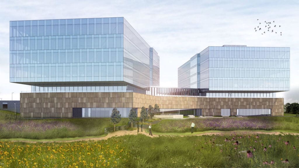 Architectural rendering of a contemporary glass office development