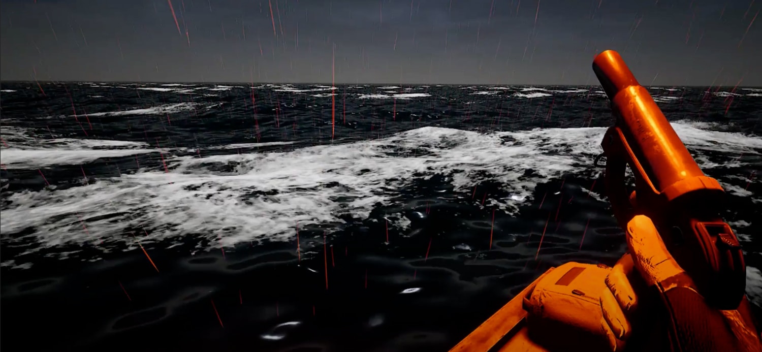 A stormy open-water scene from the VR emotion training experience