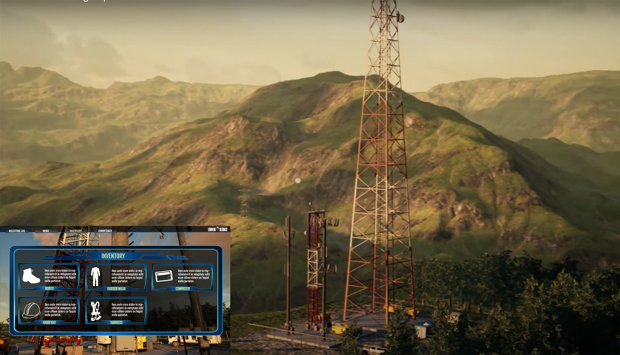 An interactive 3D training environment set around a communications tower