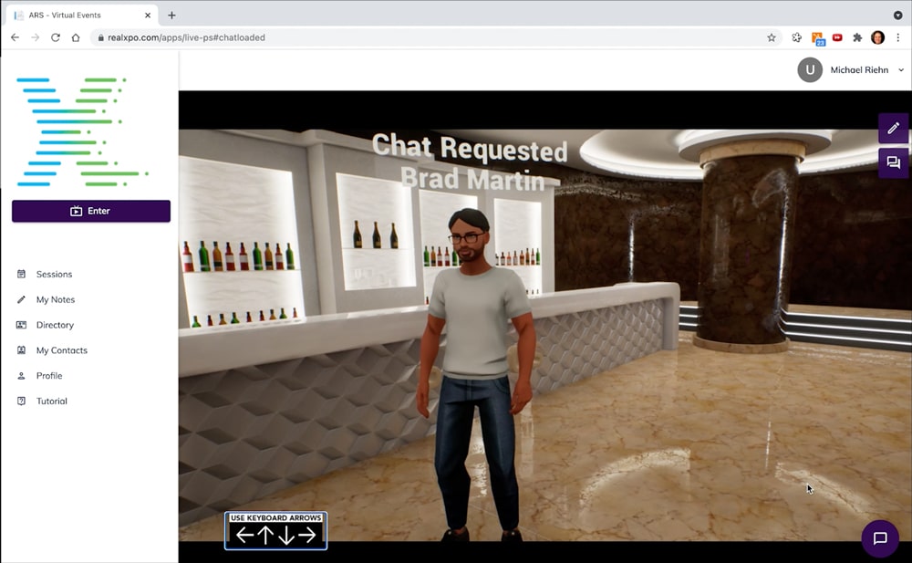 RealXpo attendee receiving a chat request inside a virtual venue