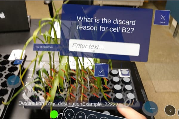 An augmented reality interface displayed over a physical seedling tray
