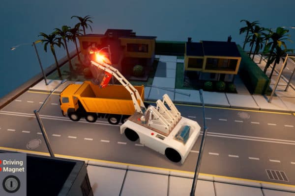A virtual physics project with vehicles, magnets, and measurement controls