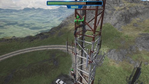A virtual reality training scenario on a communications tower