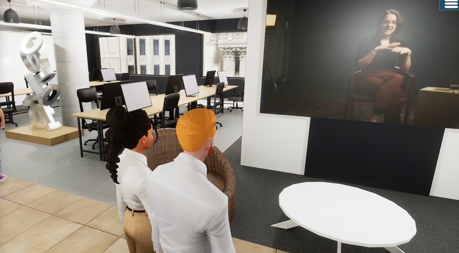 RealXpo virtual auditorium with presentation screens