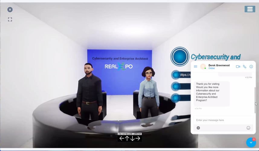 A RealXpo career fair booth with avatars and exhibitor chat