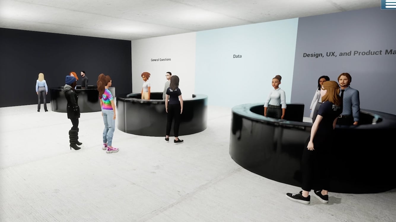 Exhibition booths inside a RealXpo virtual event