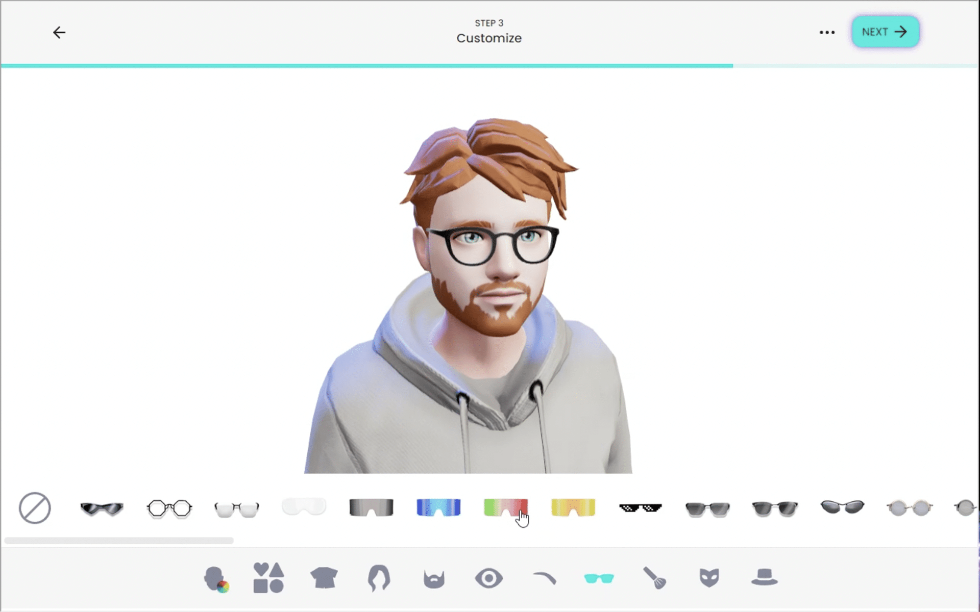 Avatar customization interface showing eyewear and appearance options