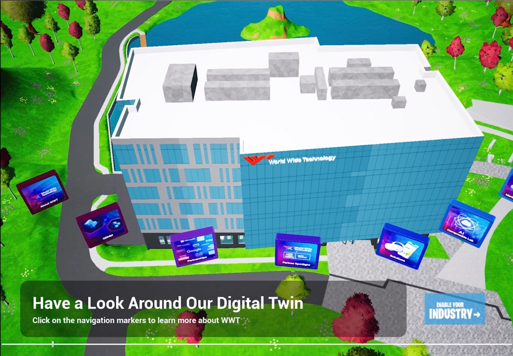Interactive navigation markers surrounding the World Wide Technology headquarters model